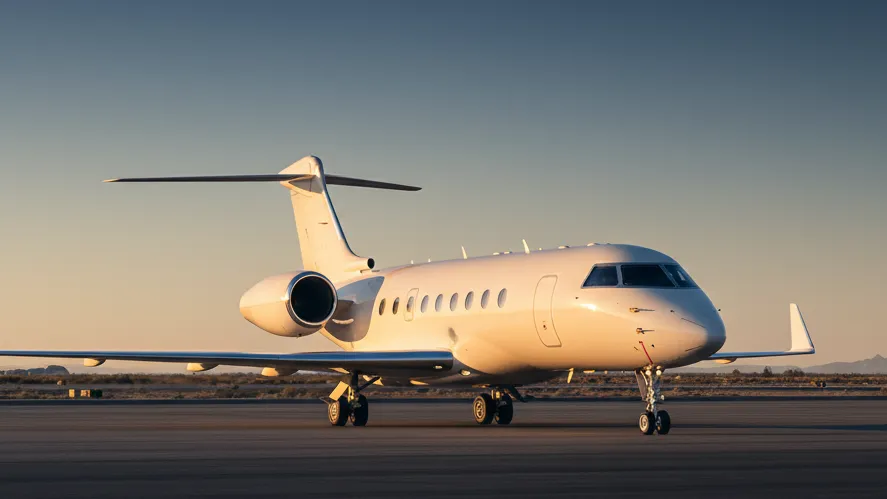 Heavy Jet sur le tarmac au coucher du soleil, aviation d'affaires au Maroc