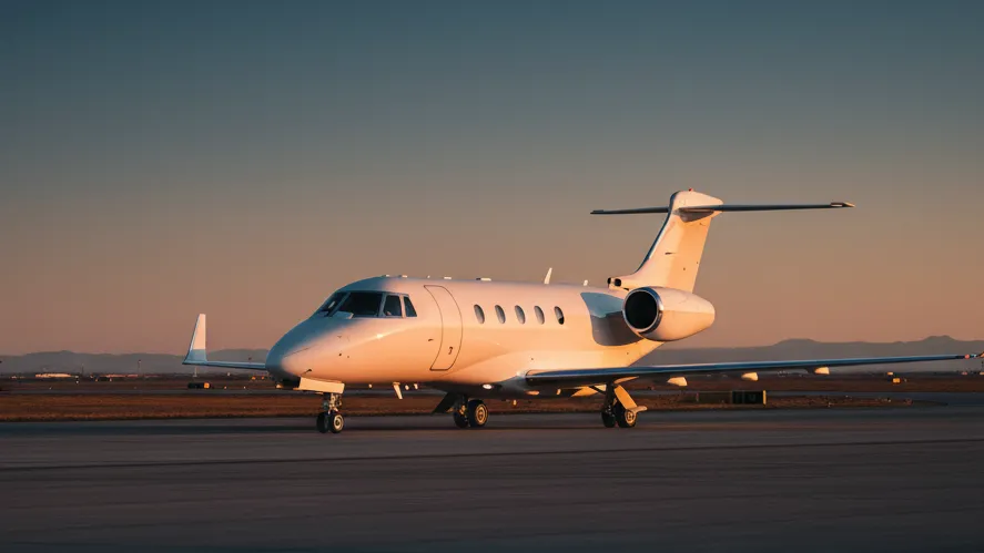 Midsize Jet sur le tarmac au coucher du soleil, aviation d'affaires au Maroc