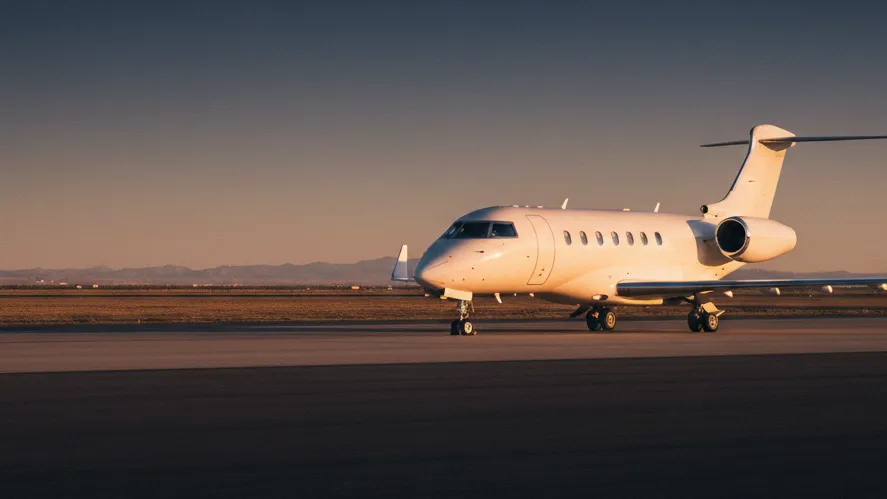 Super Midsize Jet sur le tarmac au coucher du soleil, aviation d'affaires au Maroc