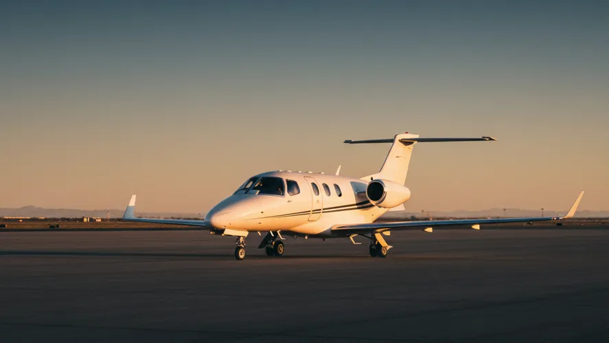 Very Light Jet sur le tarmac au coucher du soleil, aviation d'affaires au Maroc